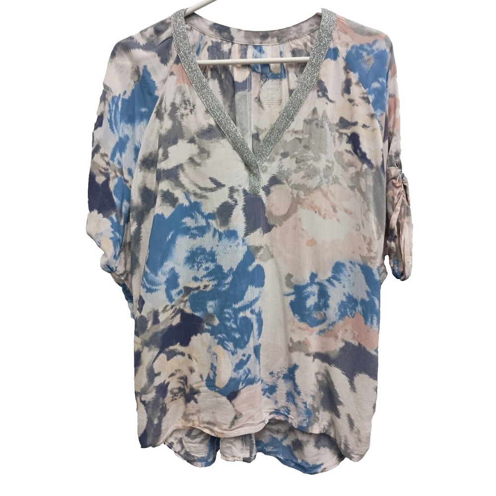 Juicy Couture BOHO Top Medium Blue Gray Floral‎ Short Sleeve Cottagecore Casual